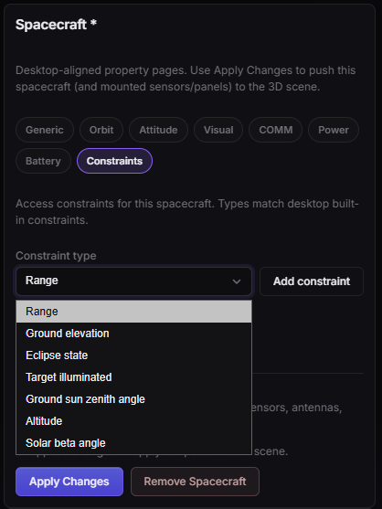 Spacecraft — Constraints tab