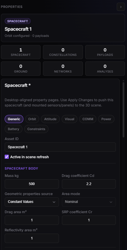 Spacecraft — Generic tab, mass and areas