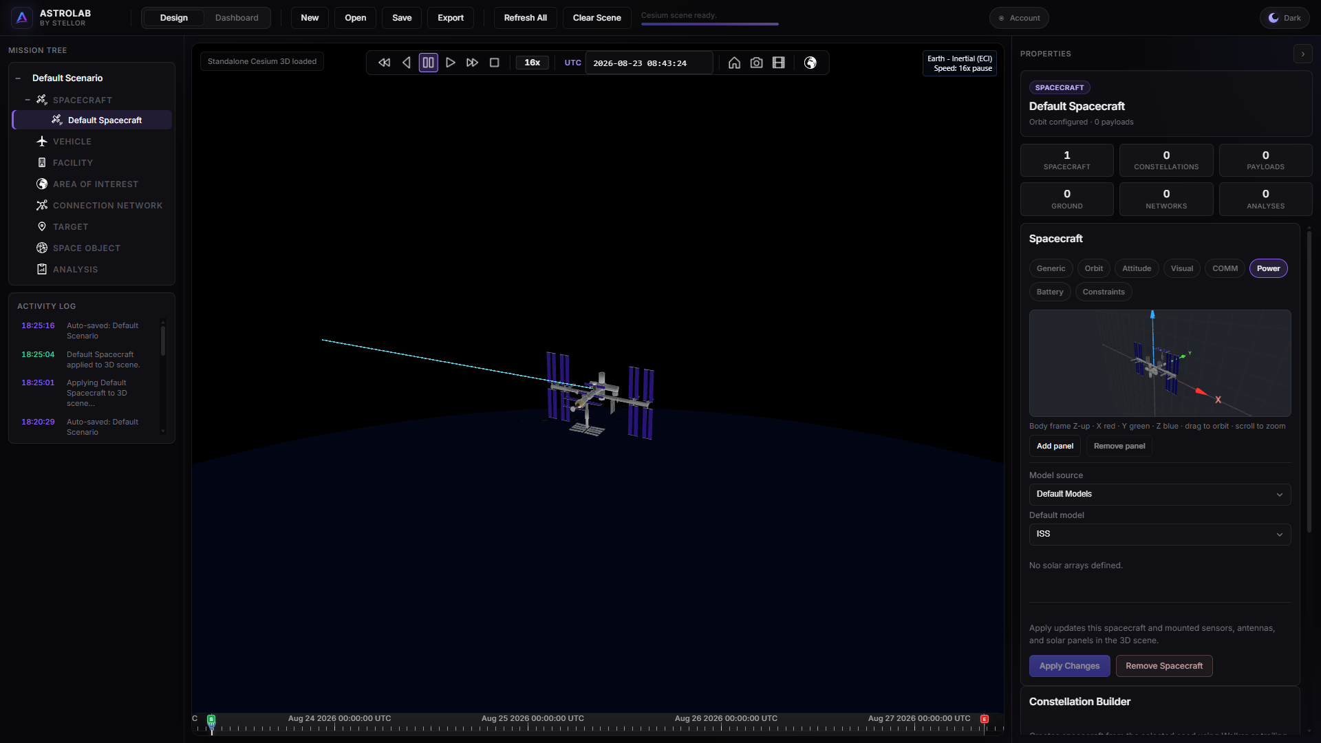 3D scene with spacecraft trajectory