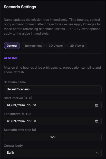 Scenario properties — name, time window, and step